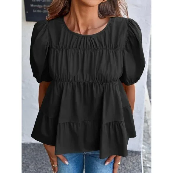 Women’s Cotton Puff Sleeve Babydoll Top Summer Casual Flowy Blouse Small - Picture 4 of 7